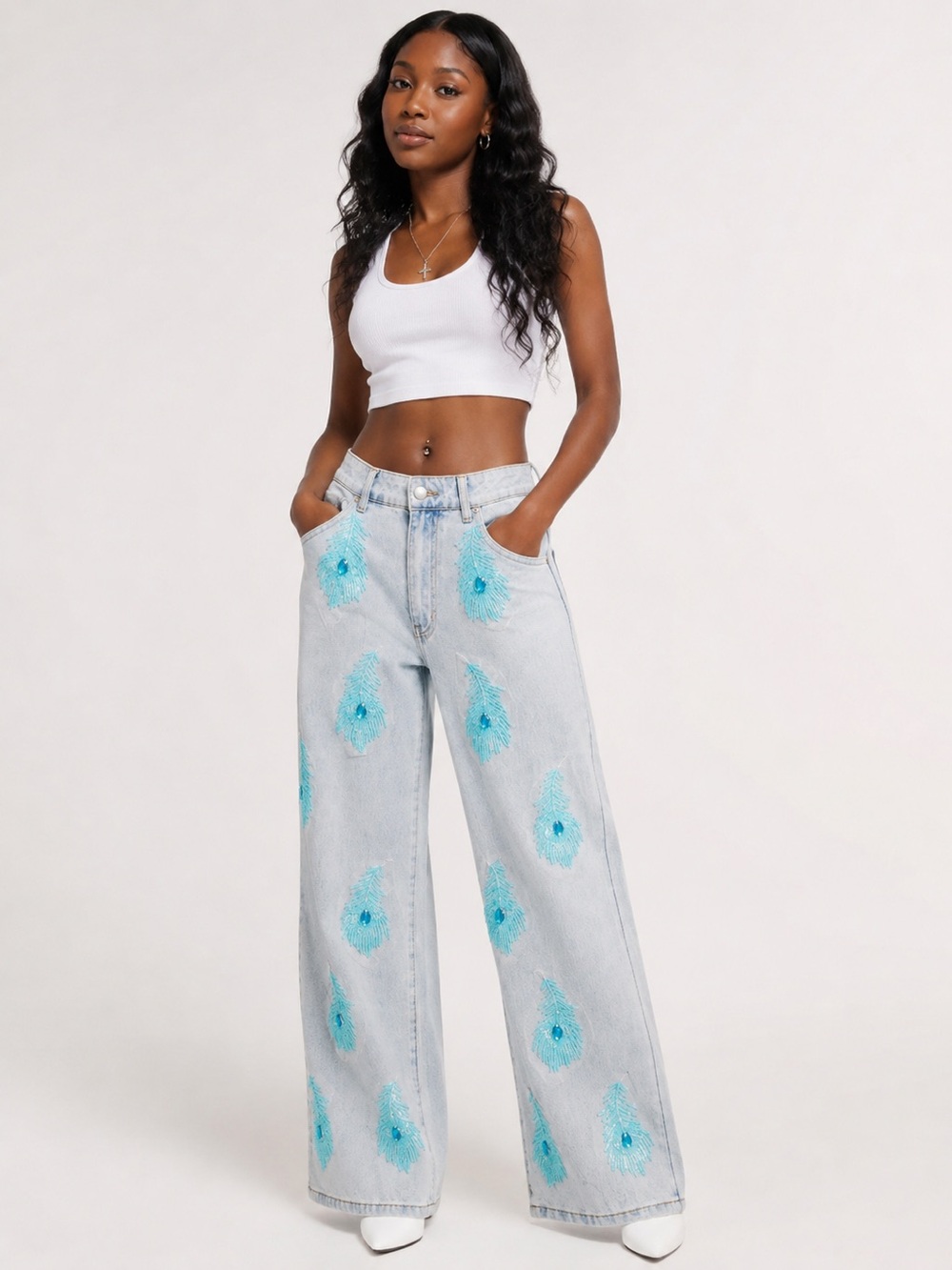 Wide-Leg Jeans with Teal Embroidered Motifs waist 14 1/2 inseam 29